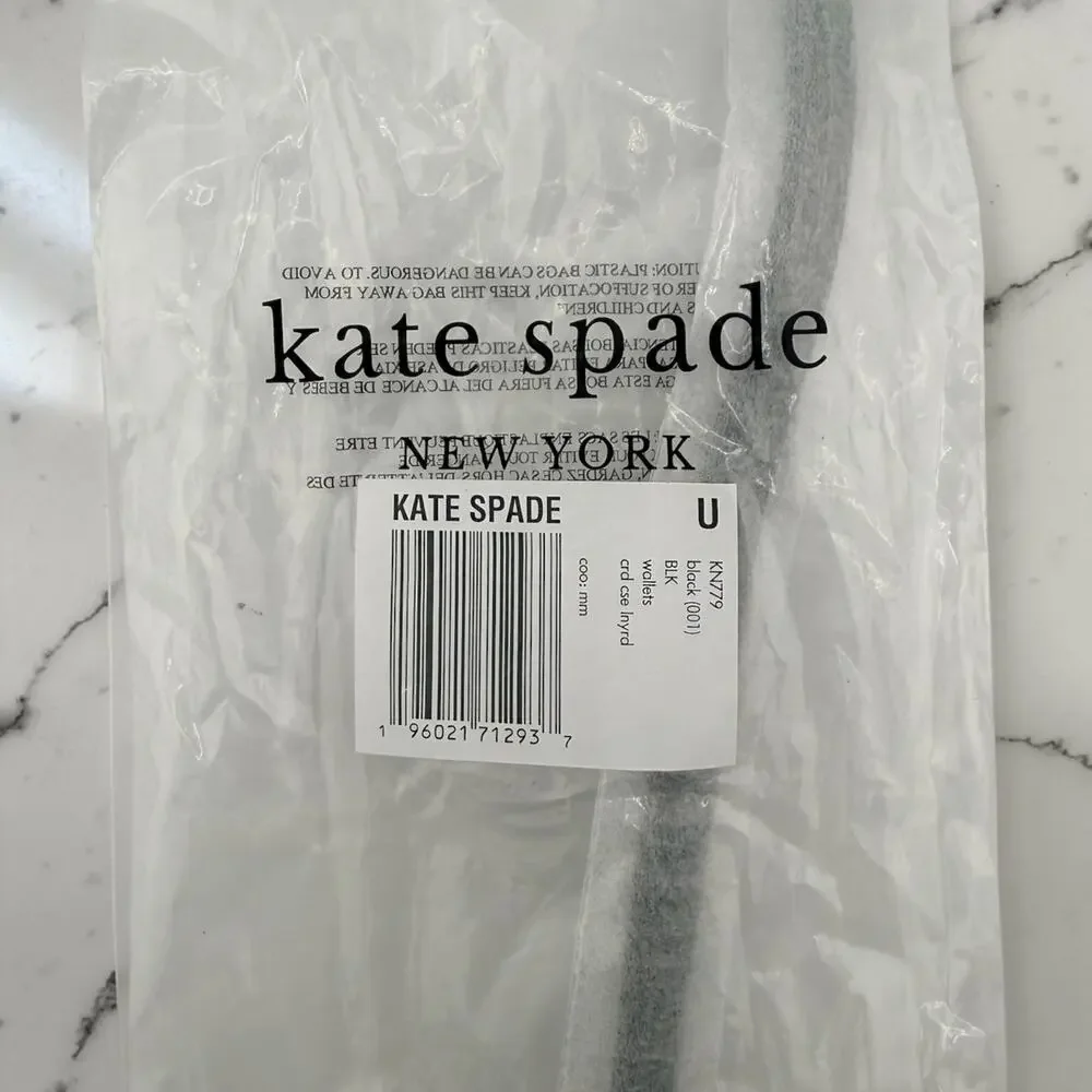 NWT Kate Spade Card Case Lanyard Black Leather ID Window Zip Wallet KN779 New